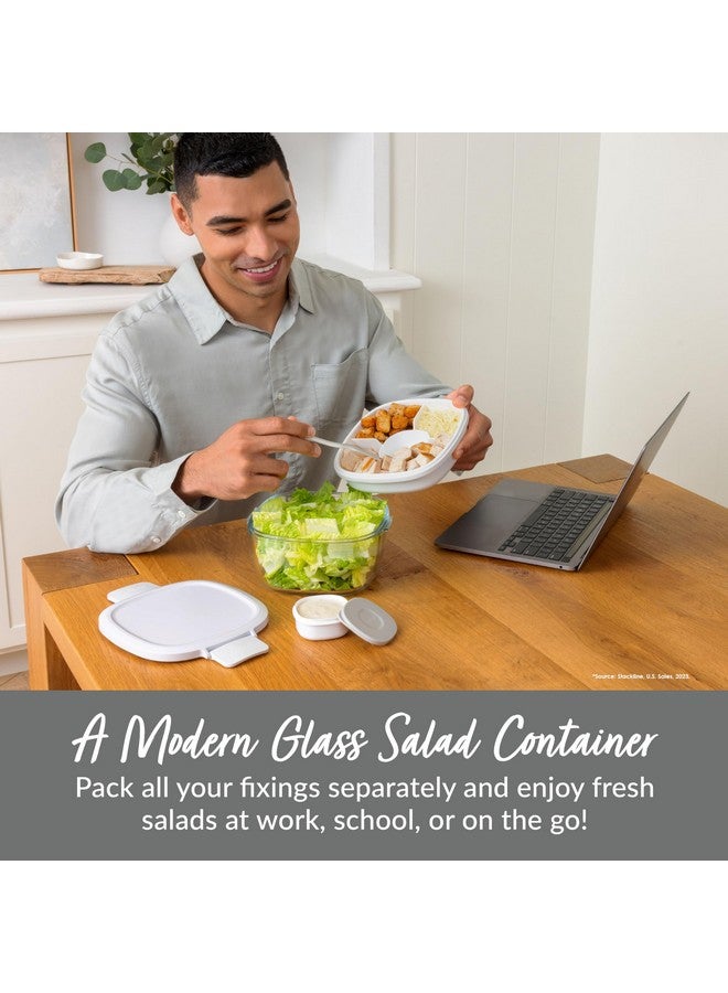 Bentgo Glass All-in-One Salad Container - Large 61-oz Salad Bowl with Lid, 4-Compartment Bento-Style Tray, 3-oz Sauce Container, and Reusable Fork - Dishwasher, Microwave, and Oven Safe (White) - Image 2