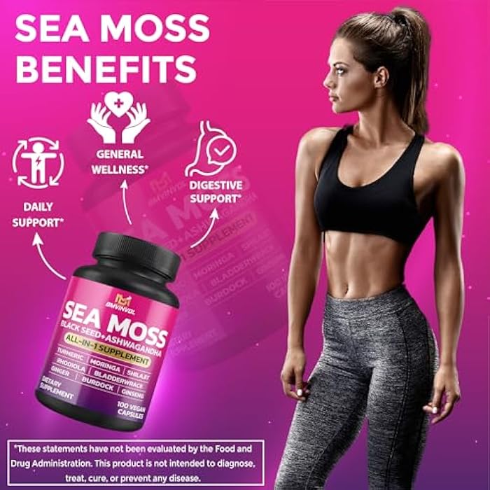 BMVINVOL Sea Moss Black Seed Shilajit Ashwagandha + Bladderwrack, Ginger, Moringa, Turmeric, Burdock, Ginseng, Rhodiola Rosea - 100 Capsules - Image 4