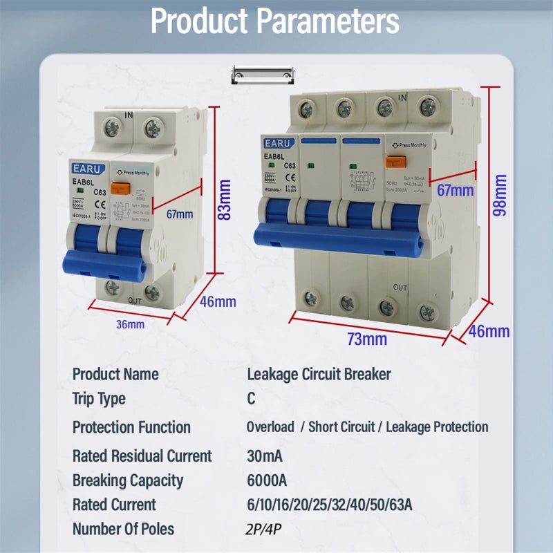 2P 10A RCCB RCD قاطع دائرة التيار المتبقي حماية من الحمل الزائد والدائرة القصيرة - Image 3
