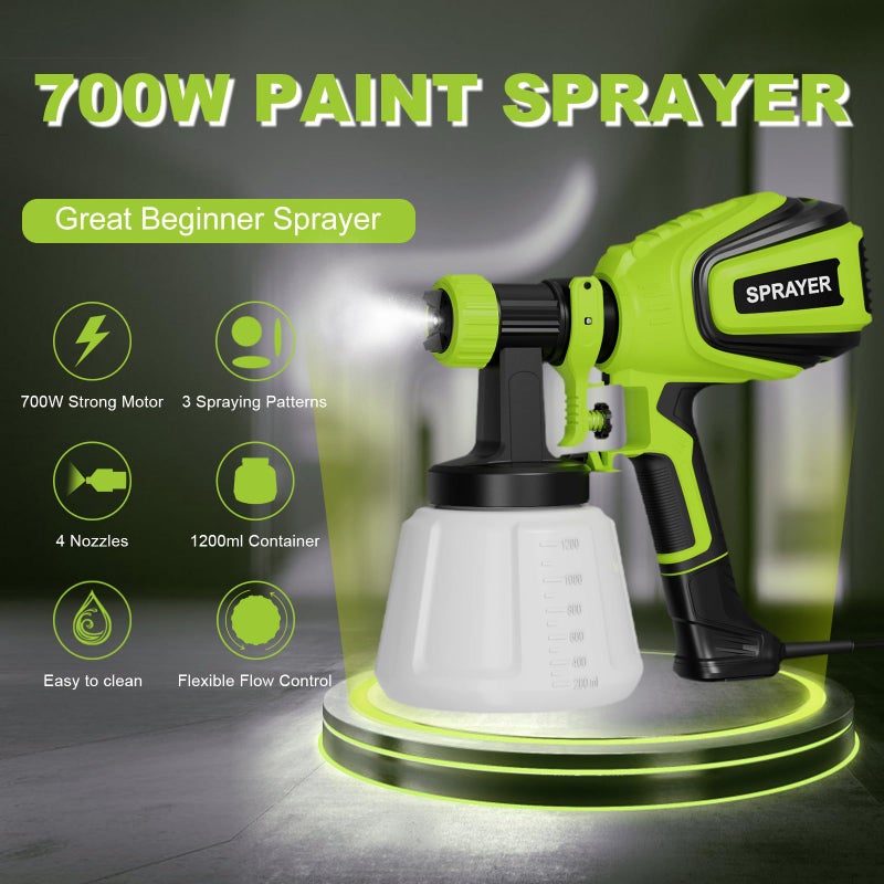 VONFORN Paint Sprayer 700W, Electric HVLP Paint Spray Gun, with 4 Nozzles and 3 Patterns Cleaning & Blowing Joints Easy to Clean for Garden Chairs Fence Door Cabinets Home Interior Walls etc. VF803 Dark Green - Image 2