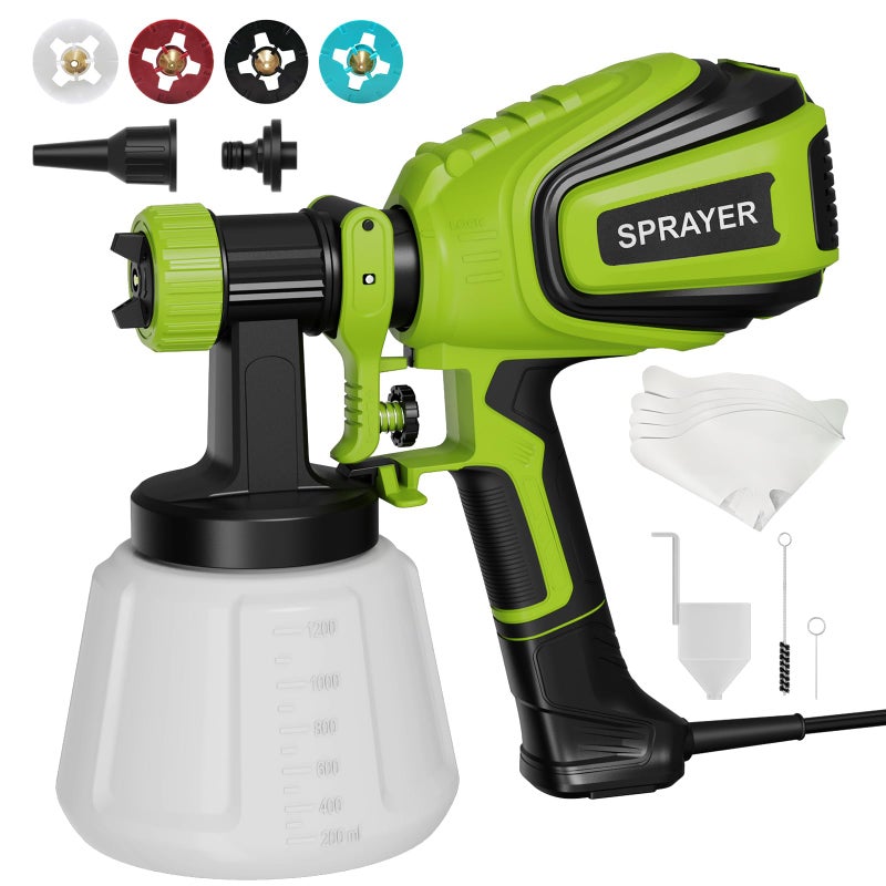 VONFORN Paint Sprayer 700W, Electric HVLP Paint Spray Gun, with 4 Nozzles and 3 Patterns Cleaning & Blowing Joints Easy to Clean for Garden Chairs Fence Door Cabinets Home Interior Walls etc. VF803 Dark Green - Image 1