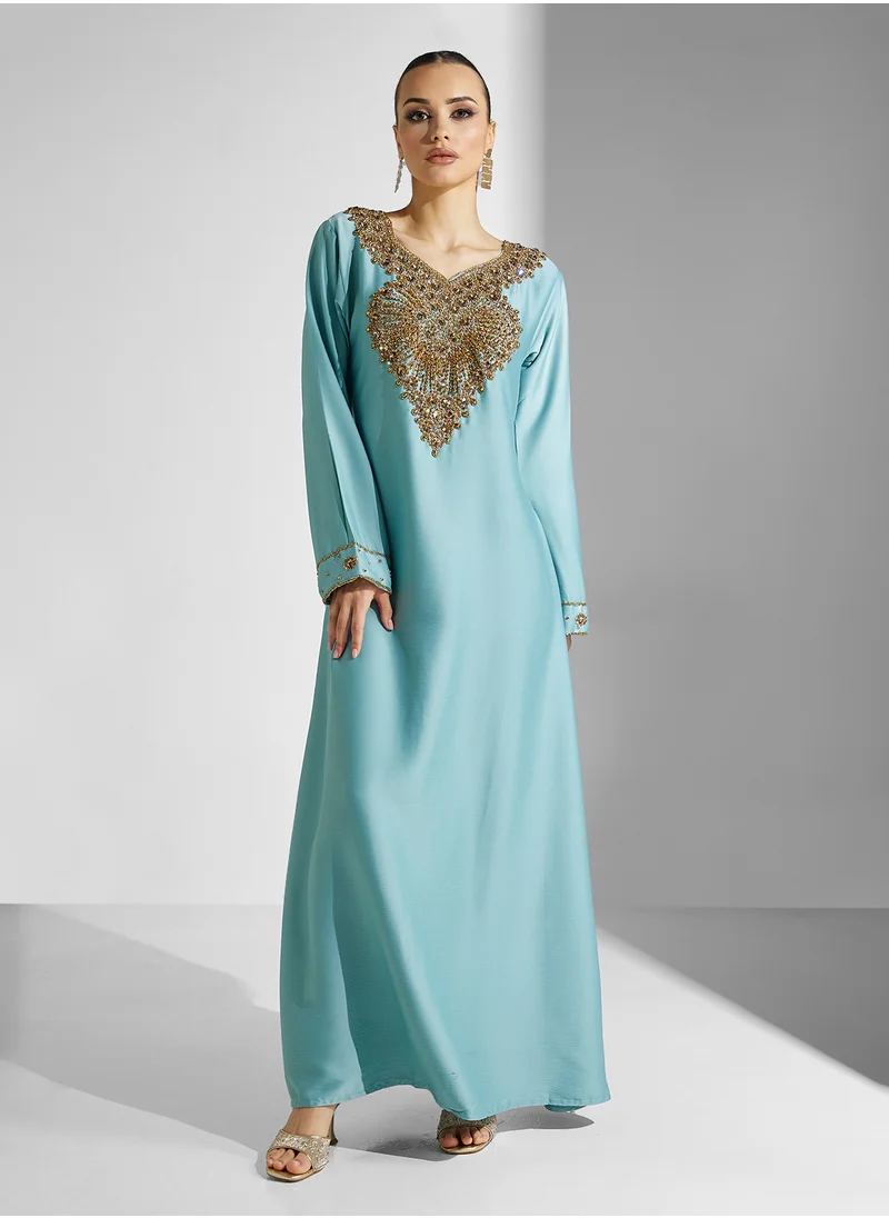 ARABIAN CLOSET Embellished Belted Jalabiya