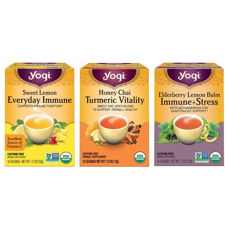 Yogi Tea Immune Support Tea Variety Pack - 16 Bags per Pack (3 Packs) - Immunity Support Sampler Set - Sweet Lemon Everyday Immune, Honey Chai Turmeric Vitality & More - Image 1