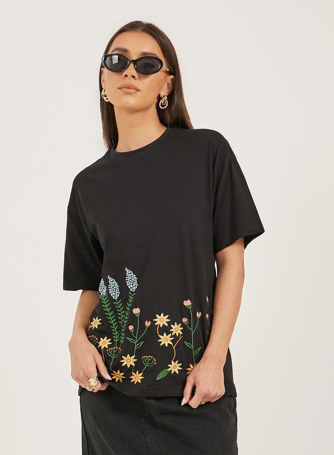 Styli Embroidered Oversized Round Neck T-Shirt - Image 1
