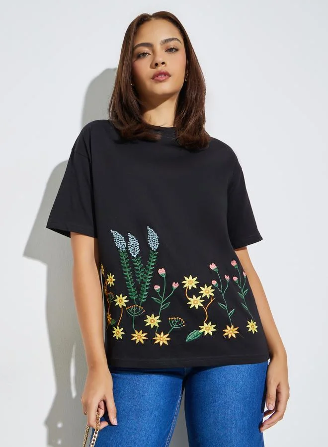 Styli Embroidered Oversized Round Neck T-Shirt