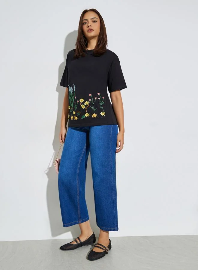 Styli Embroidered Oversized Round Neck T-Shirt