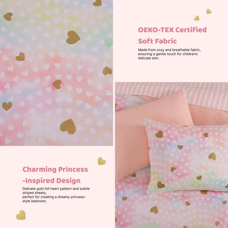 Wink Deer Full Size Comforter Sets with Sheets for Girls-7 Pieces Full Size Bedding Sets with Pink Comforter, Sheets, Pillowcases & Shams for Kids (Colorful Gold Heart, 76" X 86") - Image 5
