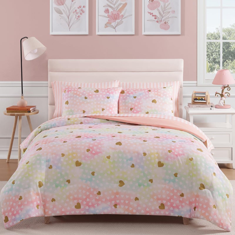 Wink Deer Full Size Comforter Sets with Sheets for Girls-7 Pieces Full Size Bedding Sets with Pink Comforter, Sheets, Pillowcases & Shams for Kids (Colorful Gold Heart, 76" X 86") - Image 1