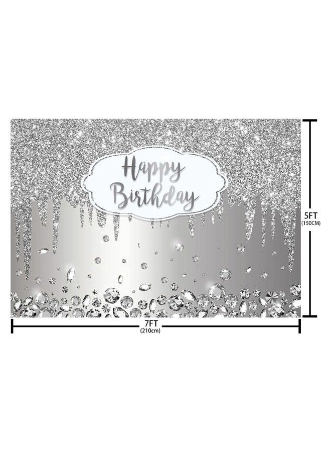 ABLIN 7x5ft Happy Birthday Backdrop Dripping Glitter Crystal Diamond Silver Photo Background Girls Women Bday Party Decorations Cake Table Banner Wall Decor Props - Image 5