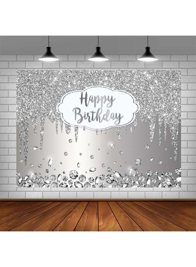 ABLIN 7x5ft Happy Birthday Backdrop Dripping Glitter Crystal Diamond Silver Photo Background Girls Women Bday Party Decorations Cake Table Banner Wall Decor Props - Image 4