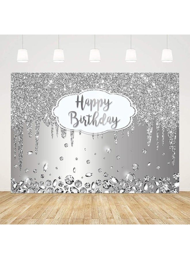 ABLIN 7x5ft Happy Birthday Backdrop Dripping Glitter Crystal Diamond Silver Photo Background Girls Women Bday Party Decorations Cake Table Banner Wall Decor Props - Image 1
