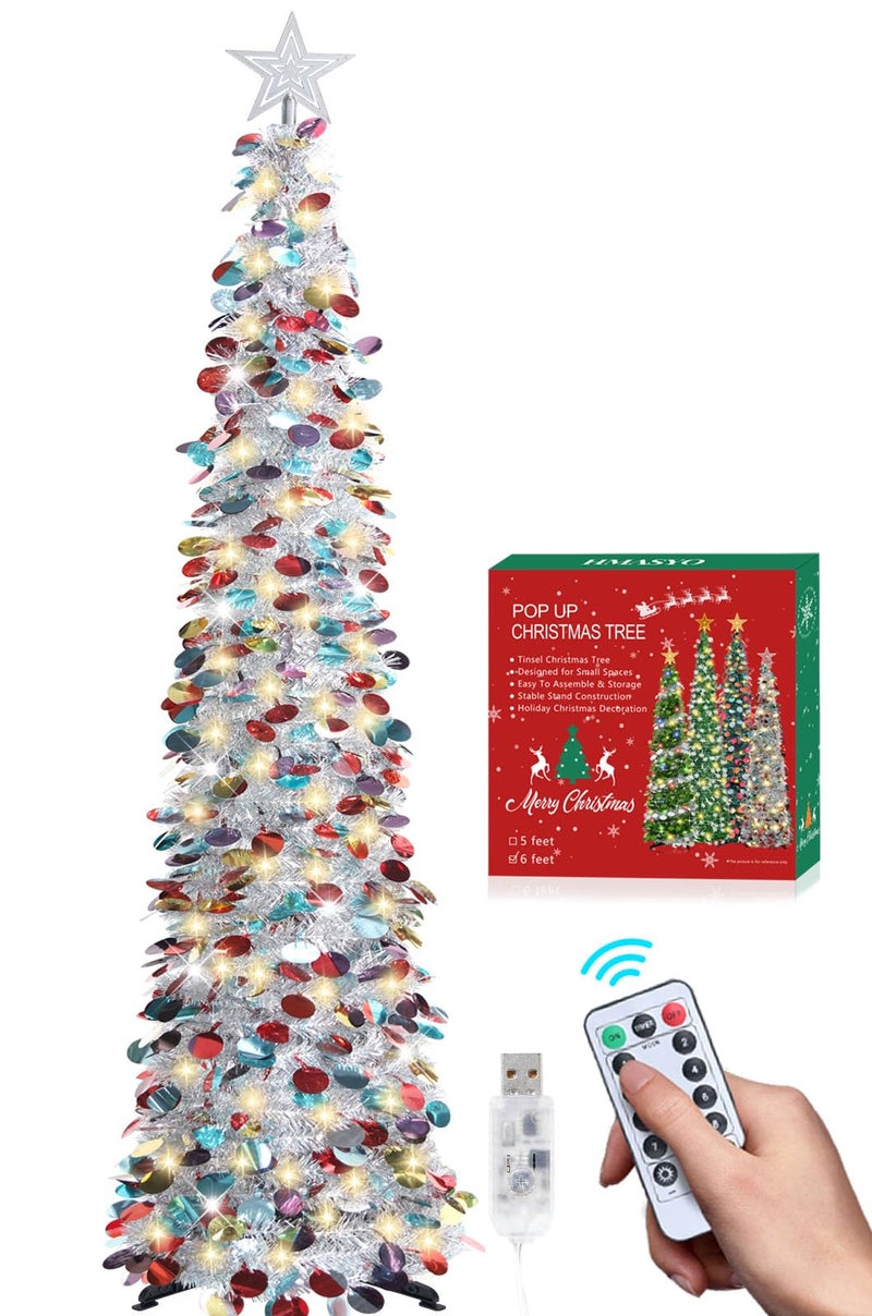 HMASYO 6 FT Pop Up Christmas Tree with 100 LED Timer Lights Remote Silver Christmas Tinsel Tree Collapsible Artificial Pencil Tree for Home Office Party Decor USB Powered Easy Assembly - Image 2