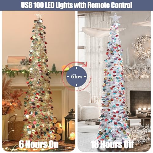 HMASYO 6 FT Pop Up Christmas Tree with 100 LED Timer Lights Remote Silver Christmas Tinsel Tree Collapsible Artificial Pencil Tree for Home Office Party Decor USB Powered Easy Assembly - Image 3