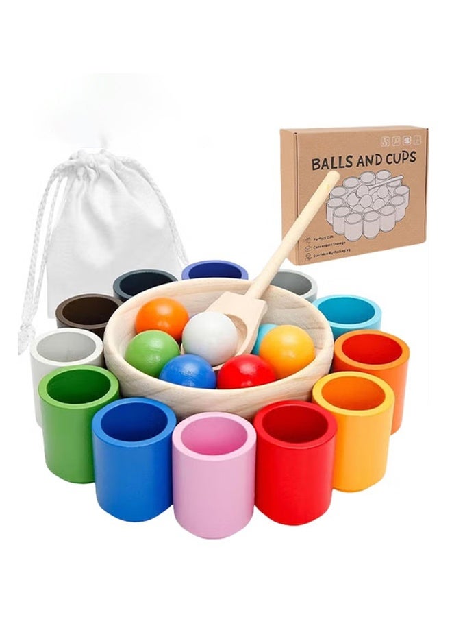 12 Balls Colour Sorting Toys for Toddlers, Balls in Cups Montessori Wooden Toy, Wooden Sorter Game, Wood Sensory Puzzle Toys Matching Game with Sorting Bowls for Kids Counting  - Image 1