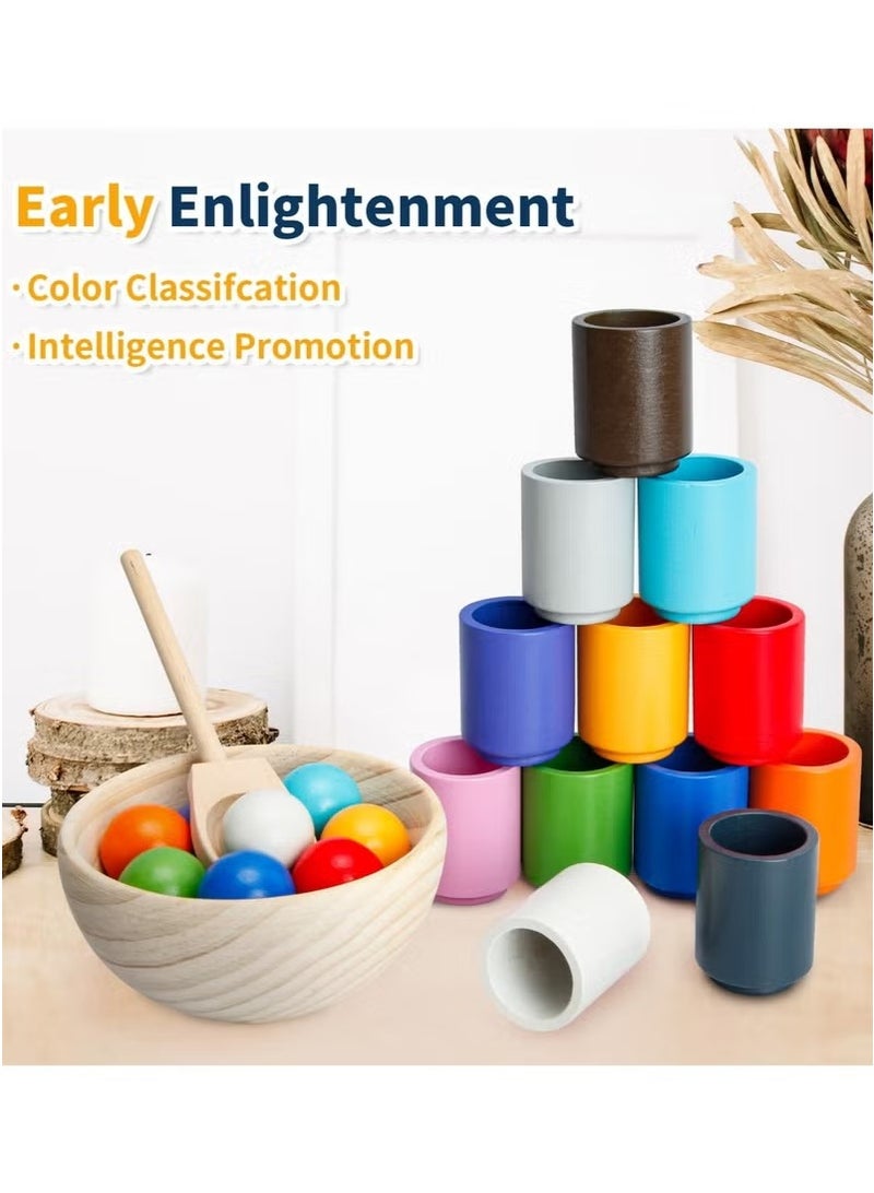 12 Balls Colour Sorting Toys for Toddlers, Balls in Cups Montessori Wooden Toy, Wooden Sorter Game, Wood Sensory Puzzle Toys Matching Game with Sorting Bowls for Kids Counting  - Image 3
