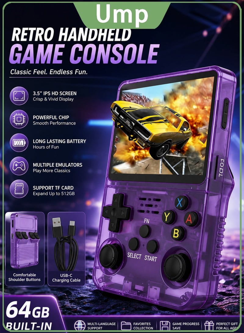 Ump R36S Handheld Game Console, Video Game Console, Built-in 64G Card, 15000+ Games, 3.5 Inch IPS Screen, Rechargeable Battery, Open Source Linux System, OTG Support, 21+ Emulators, Expandable to 256GB, Birthday & Holiday Gift for Kids and Adults - Image 1
