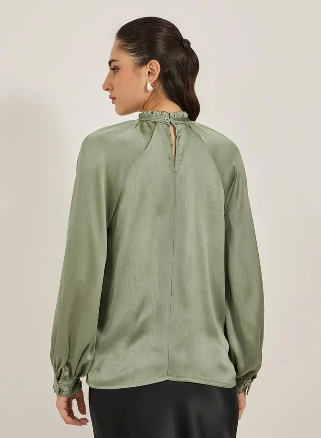 Styli Satin Balloon Sleeve High Neck Blouse