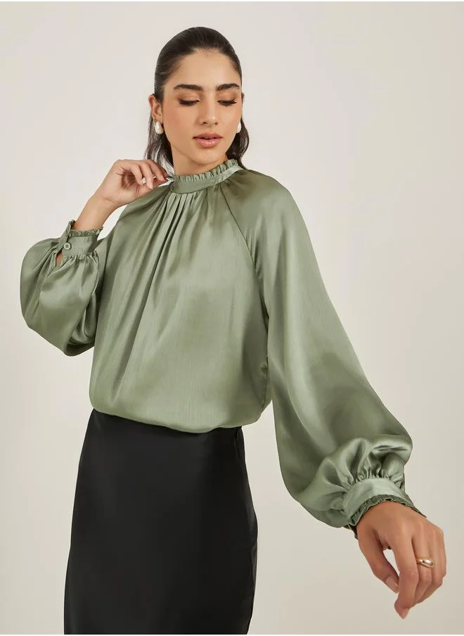 Styli Satin Balloon Sleeve High Neck Blouse