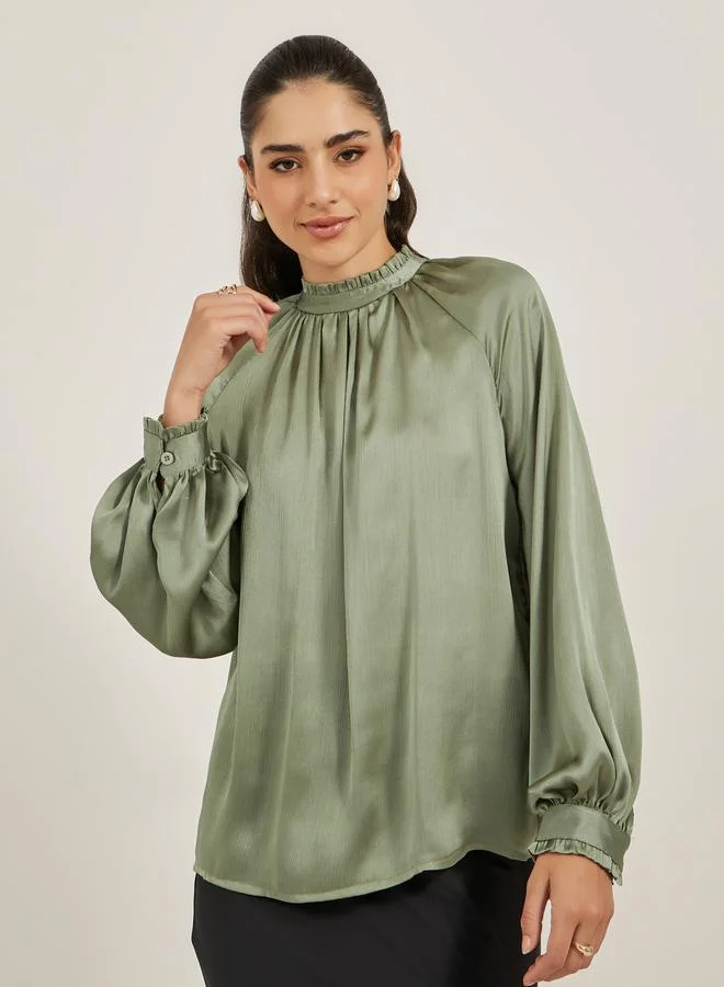 Styli Satin Balloon Sleeve High Neck Blouse