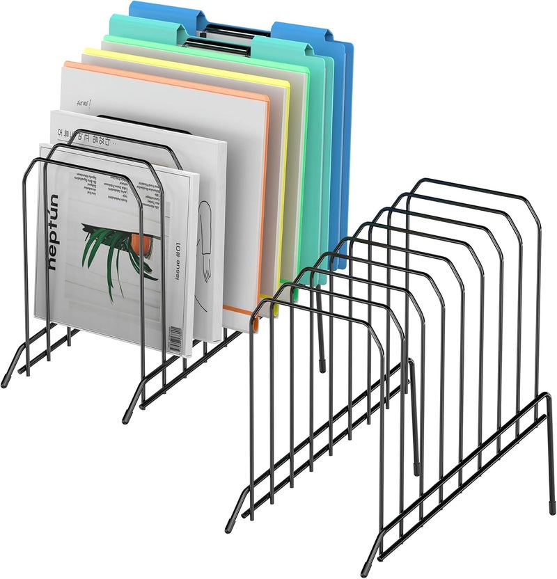 MINDEPOT Incline Sorter Desk File Organizer, Metal Desk Magazine Folder Holder with 8-Section Vertical Compartments Rack File Organizer for Office, Home, School (Black, 2Pack) - Image 1