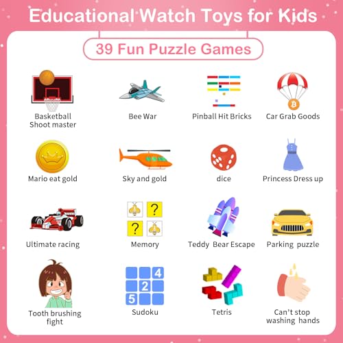 Phyulls Smart Watch for Kids, Toddler Watch Toys with 39 Games Camera Video Recorder Music Alarm Calculator Calendar Stopwatch Flashlight Pedometer Birthday Gift Toys for 3-12 Year Old Boys and Girls (Pink) - Image 4