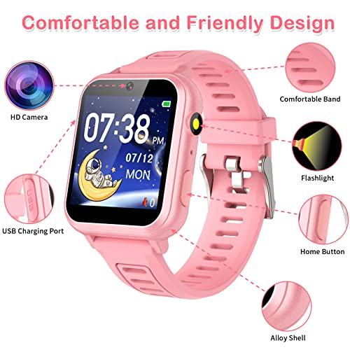 Phyulls Smart Watch for Kids, Toddler Watch Toys with 39 Games Camera Video Recorder Music Alarm Calculator Calendar Stopwatch Flashlight Pedometer Birthday Gift Toys for 3-12 Year Old Boys and Girls (Pink) - Image 2