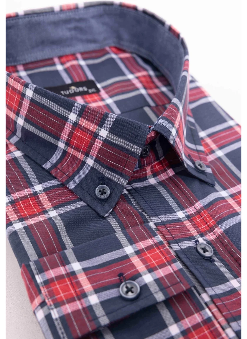 Tudors Plus Size Long Sleeve Plaid Piped Collar Button-Down Men's Shirt