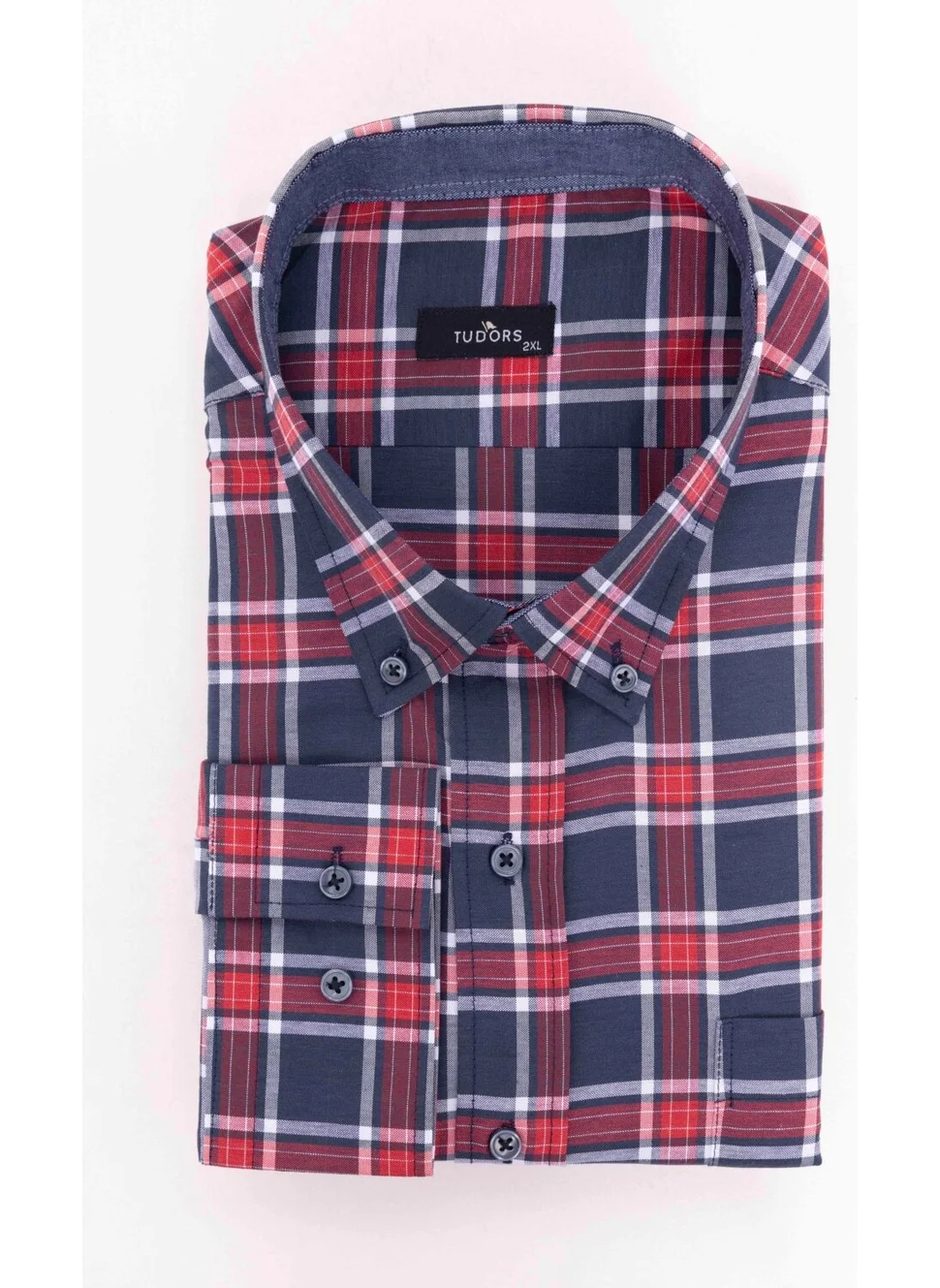 Tudors Plus Size Long Sleeve Plaid Piped Collar Button-Down Men's Shirt