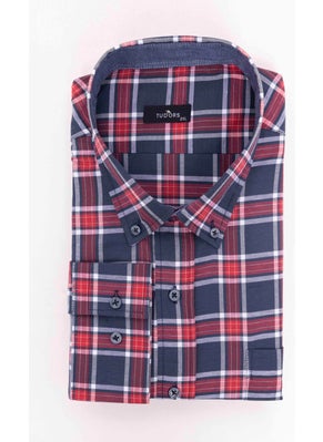 Tudors Plus Size Long Sleeve Plaid Piped Collar Button-Down Men's Shirt  - Image 2