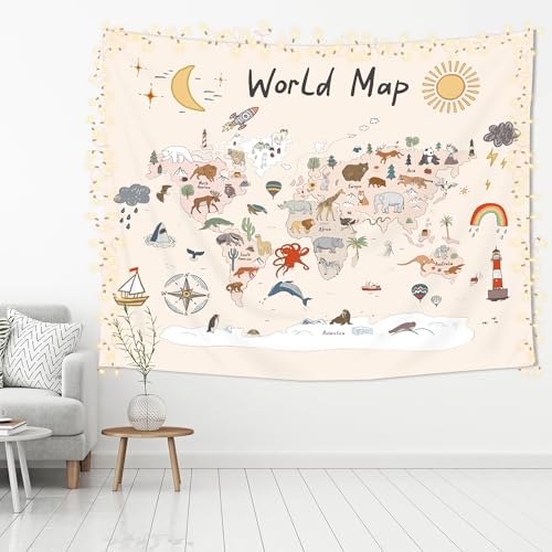 Imirell Kids World Map Tapestry 59Wx51H Inches Cute Cartoon Animal Educational Learning Tool Adventure Nursery Art Hanging Bedroom Living Room Dorm Wall Blankets Home Decor Fabric - Image 4