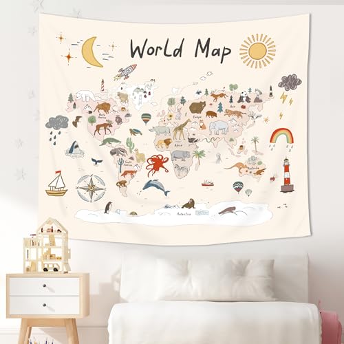 Imirell Kids World Map Tapestry 59Wx51H Inches Cute Cartoon Animal Educational Learning Tool Adventure Nursery Art Hanging Bedroom Living Room Dorm Wall Blankets Home Decor Fabric - Image 3