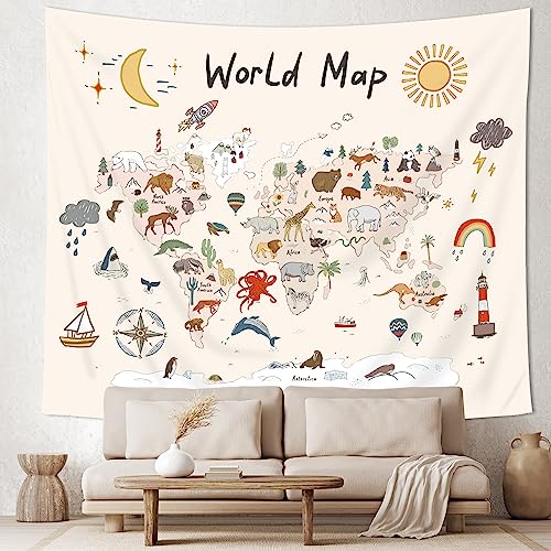 Imirell Kids World Map Tapestry 59Wx51H Inches Cute Cartoon Animal Educational Learning Tool Adventure Nursery Art Hanging Bedroom Living Room Dorm Wall Blankets Home Decor Fabric - Image 1