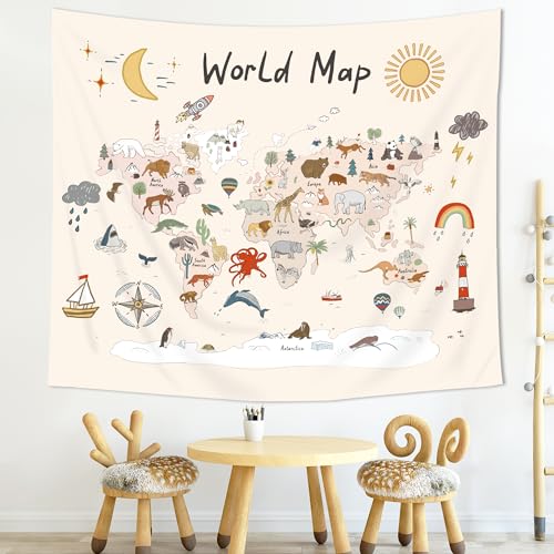 Imirell Kids World Map Tapestry 59Wx51H Inches Cute Cartoon Animal Educational Learning Tool Adventure Nursery Art Hanging Bedroom Living Room Dorm Wall Blankets Home Decor Fabric - Image 2