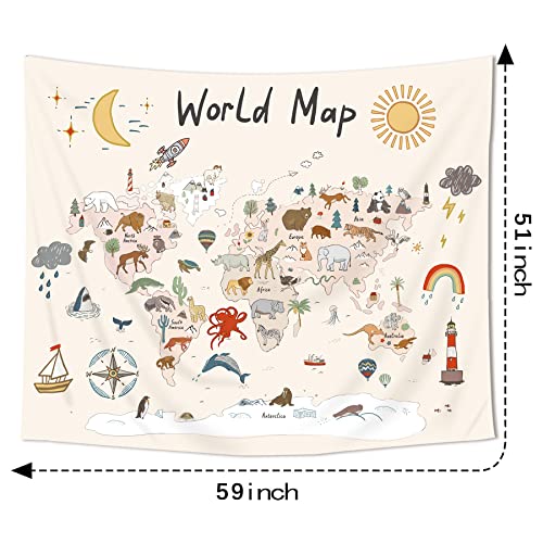 Imirell Kids World Map Tapestry 59Wx51H Inches Cute Cartoon Animal Educational Learning Tool Adventure Nursery Art Hanging Bedroom Living Room Dorm Wall Blankets Home Decor Fabric - Image 5