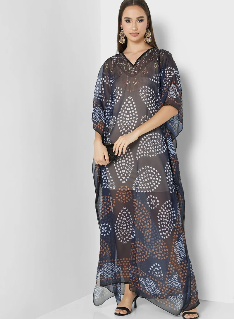 ARABIAN CLOSET Printed Lace Detail Kaftan