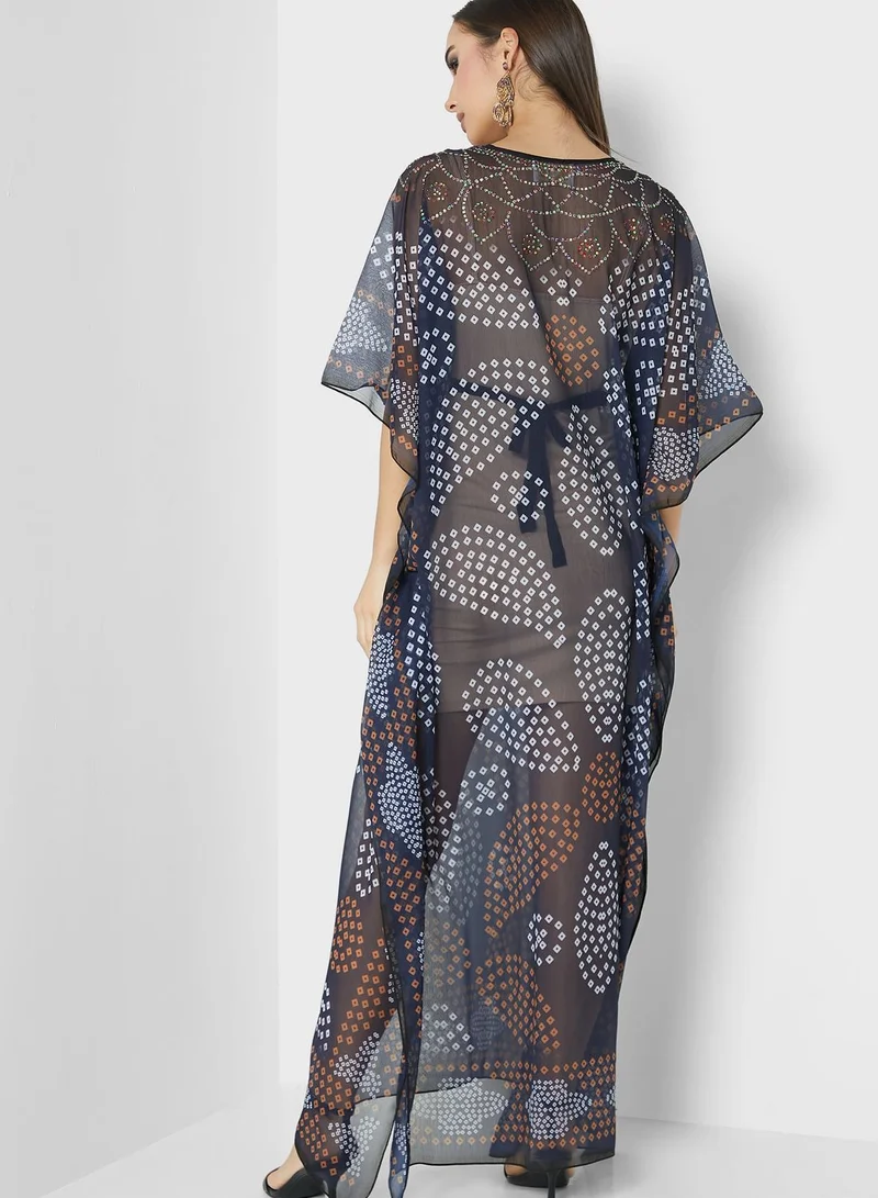 ARABIAN CLOSET Printed Lace Detail Kaftan