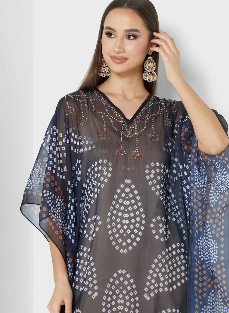 ARABIAN CLOSET Printed Lace Detail Kaftan