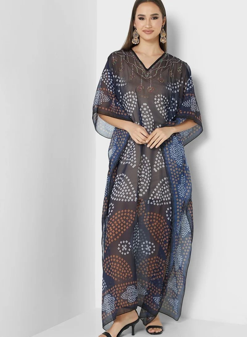 ARABIAN CLOSET Printed Lace Detail Kaftan