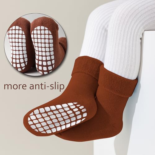 EPEIUS Toddler Non Slip Socks 6 Pack,Terry Cotton Turn Cuff Socks for Boys & Girls,Thick Warm Winter Sock 2-4 Years Brown 6 Pack,M - Image 3