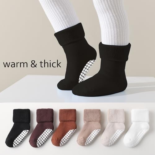EPEIUS Toddler Non Slip Socks 6 Pack,Terry Cotton Turn Cuff Socks for Boys & Girls,Thick Warm Winter Sock 2-4 Years Brown 6 Pack,M - Image 2