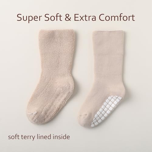 EPEIUS Toddler Non Slip Socks 6 Pack,Terry Cotton Turn Cuff Socks for Boys & Girls,Thick Warm Winter Sock 2-4 Years Brown 6 Pack,M - Image 4