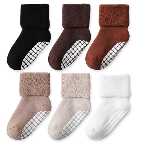 EPEIUS Toddler Non Slip Socks 6 Pack,Terry Cotton Turn Cuff Socks for Boys & Girls,Thick Warm Winter Sock 2-4 Years Brown 6 Pack,M - Image 1