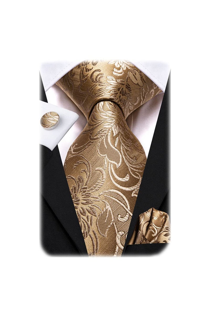 Hi-Tie Silk Paisley Ties for Men Necktie Pocket Square Cufflinks Set Foral Tie Sets Formal Business,Khaki - Image 1