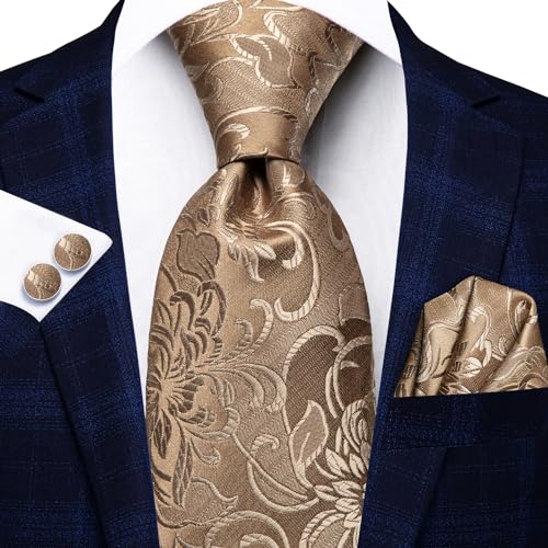 Hi-Tie Silk Paisley Ties for Men Necktie Pocket Square Cufflinks Set Foral Tie Sets Formal Business,Khaki - Image 3