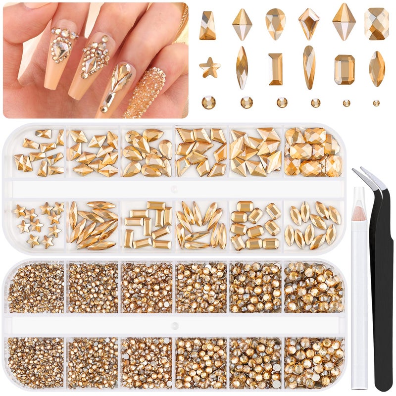3220Pcs Champagne Gold Nail Rhinestones 120Pcs Multi Shapes Flatback Gems Charms Crystal3100Pcs 154mm Round Beads Glass Diamond Gemstones for Bedazzling Acrylic Nails Decoration