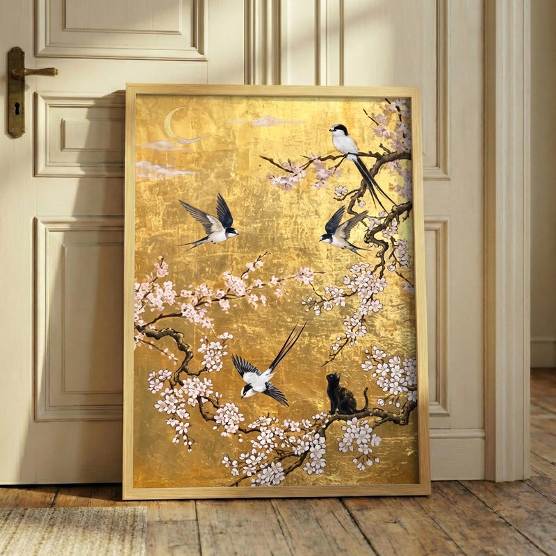 TNESSENTIAL Black Cat Chinoiserie Print – Gold Leaf Wall Art, Japanese Cherry Blossom Decor, Swallow Bird Poster, Luxury Floral Art, Cat Lover Gift - Image 1