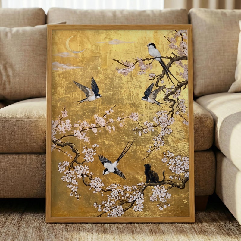TNESSENTIAL Black Cat Chinoiserie Print – Gold Leaf Wall Art, Japanese Cherry Blossom Decor, Swallow Bird Poster, Luxury Floral Art, Cat Lover Gift - Image 5