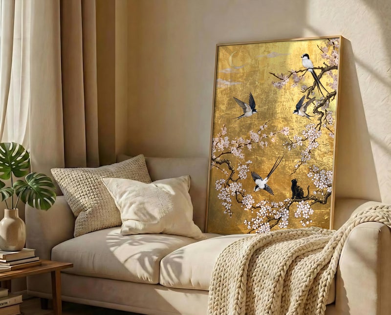 TNESSENTIAL Black Cat Chinoiserie Print – Gold Leaf Wall Art, Japanese Cherry Blossom Decor, Swallow Bird Poster, Luxury Floral Art, Cat Lover Gift - Image 3
