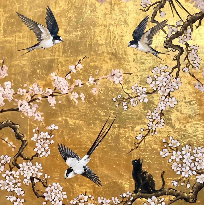 TNESSENTIAL Black Cat Chinoiserie Print – Gold Leaf Wall Art, Japanese Cherry Blossom Decor, Swallow Bird Poster, Luxury Floral Art, Cat Lover Gift - Image 2