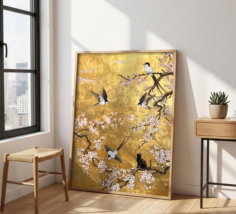 TNESSENTIAL Black Cat Chinoiserie Print – Gold Leaf Wall Art, Japanese Cherry Blossom Decor, Swallow Bird Poster, Luxury Floral Art, Cat Lover Gift - Image 4
